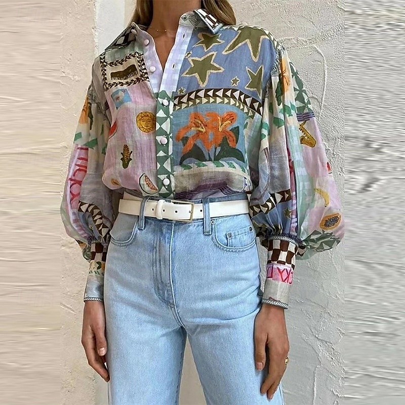 Damskie Koszula Bluzka Prążki Nowoczesny Boho Długi rękaw Kołnierzyk koszuli Zwykłe topy Codzienny Święto Wyjściowe Guziki Biały Fioletowy Lato 2025 - $24.99 –P2