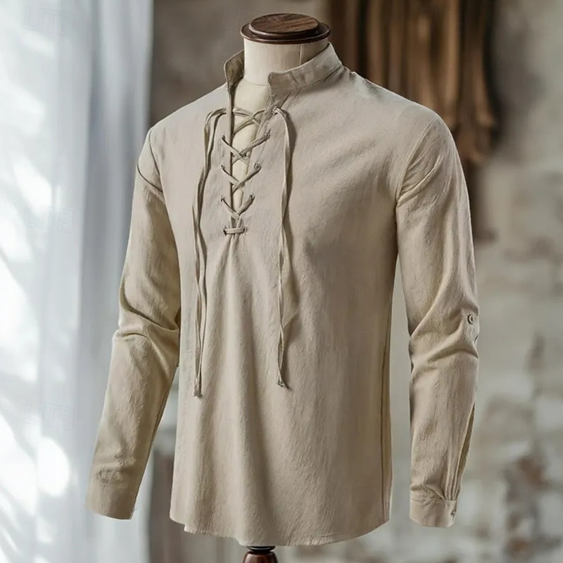 Per uomo Camicia Camicia di lino Stile vichingo Camicia Estiva Abbigliamento da spiaggia Camicia pirata Tinta unica Vacanza Streetwear Nero Blu marino Cachi Manica Lunga Collo alla coreana Estate del 2025 a $21.99 –P3