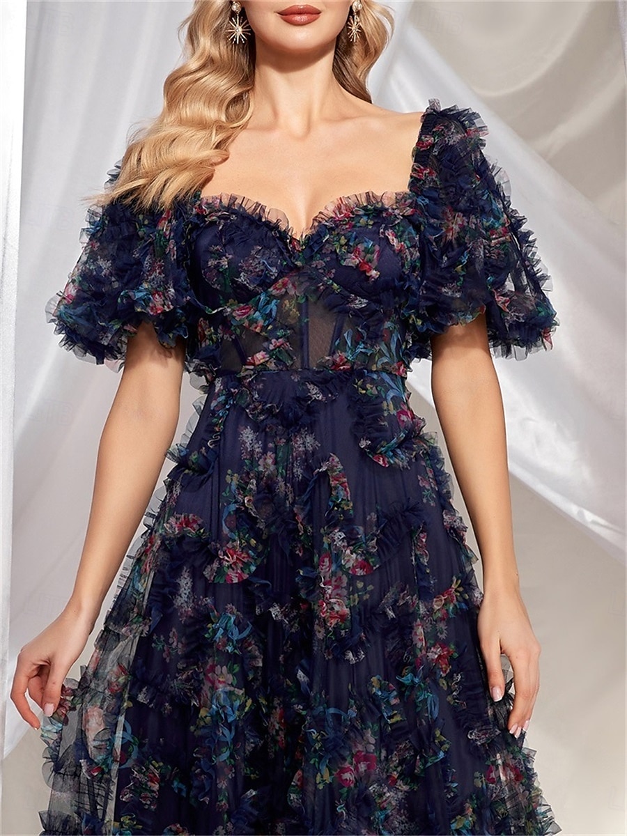 Rochii Invitată la Nuntă Rochie A-Line Corset Gât Îndulcit Mâneci Scurte cu Mâneci Burbă Lungime Podea Tulle cu Micro Volane 2025 - $189.99 –P2
