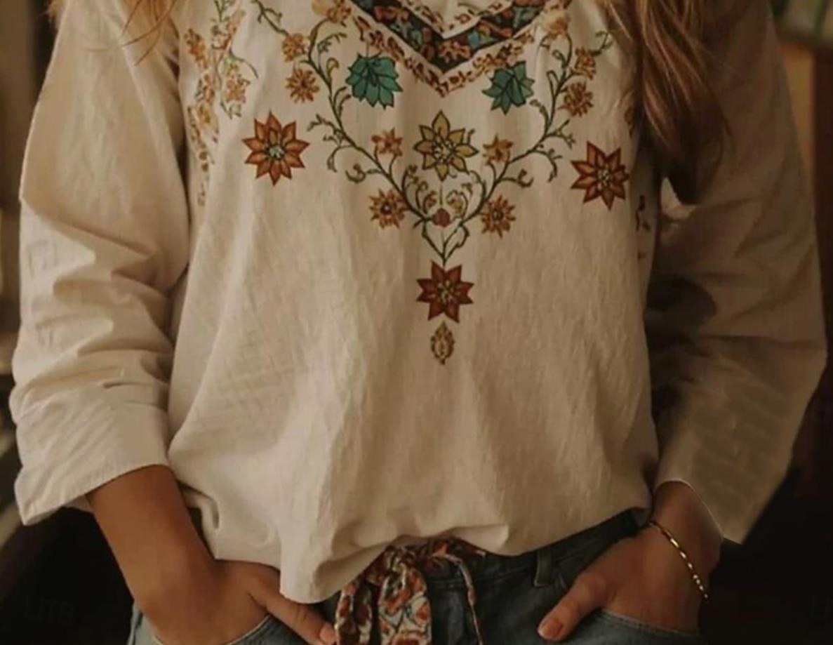 Dame Bluse Blomstret Grafisk Bohem Årgang Tropisk 3/4 ermer V-hals Vanlige topper Beige Sommer Vår 2025 - €24.99 –P2
