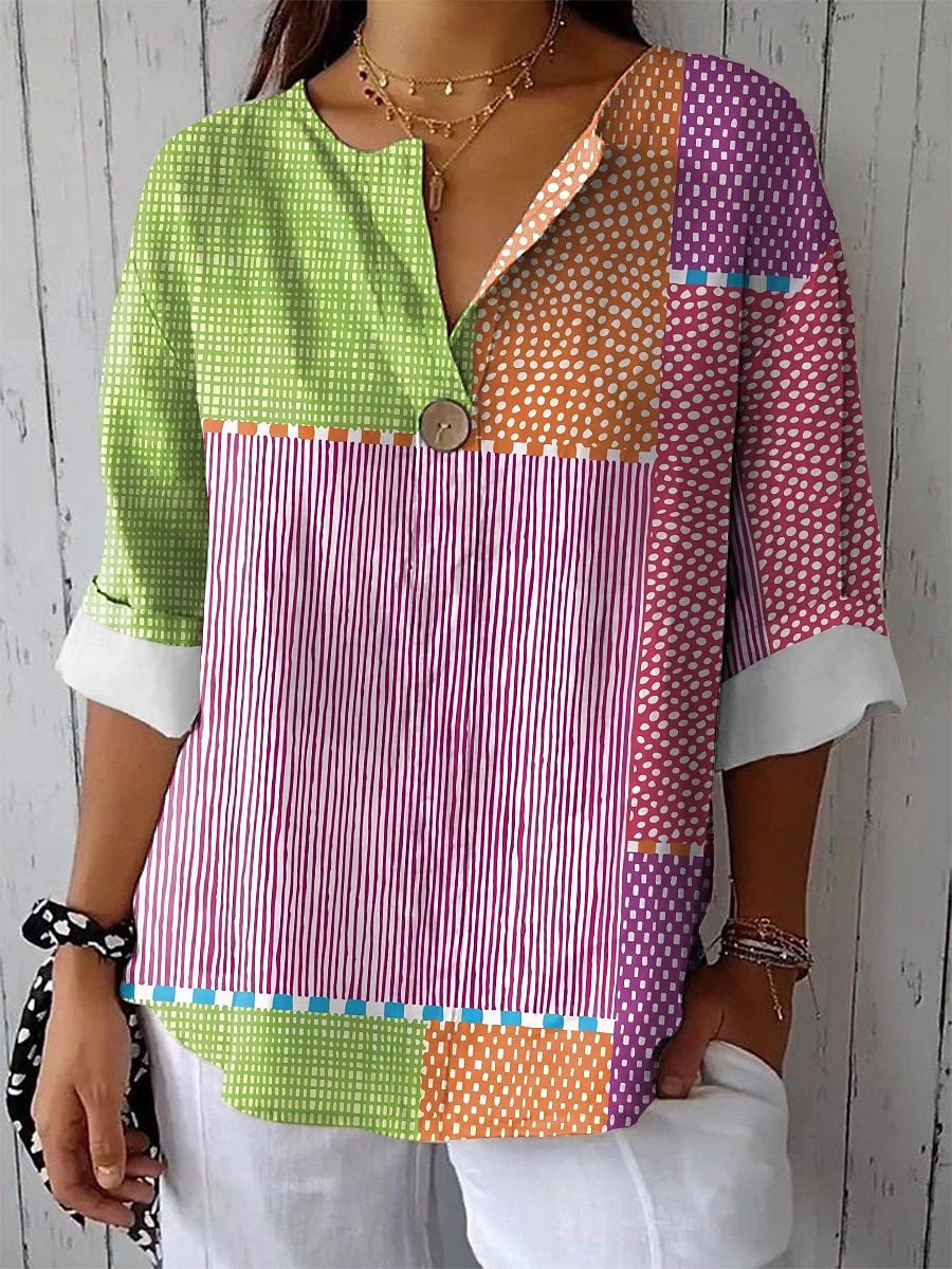 Kvinnenes bomullslin skjorte grafisk geometrisk fargeblokk vintage tropisk hawaiiansk langermet V-hals vanlig topper daglig ferie strandbruk lappverk knapper print rosa grønn sommer vår 2025 - $29.99 –P2