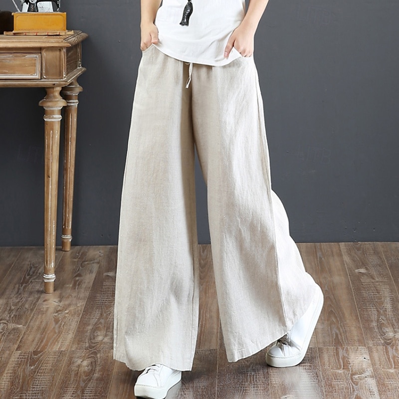Damen Weites Bein Hose aus Baumwollleinen Stoffhosen Mode Streetwear Volle Länge Natürliche Taille Einfach Tasche Elastisches Kordelzugdesign Bequem Außenbereich Straße Ferien Wochenende Aprikose 2025 - $15.99 –P11