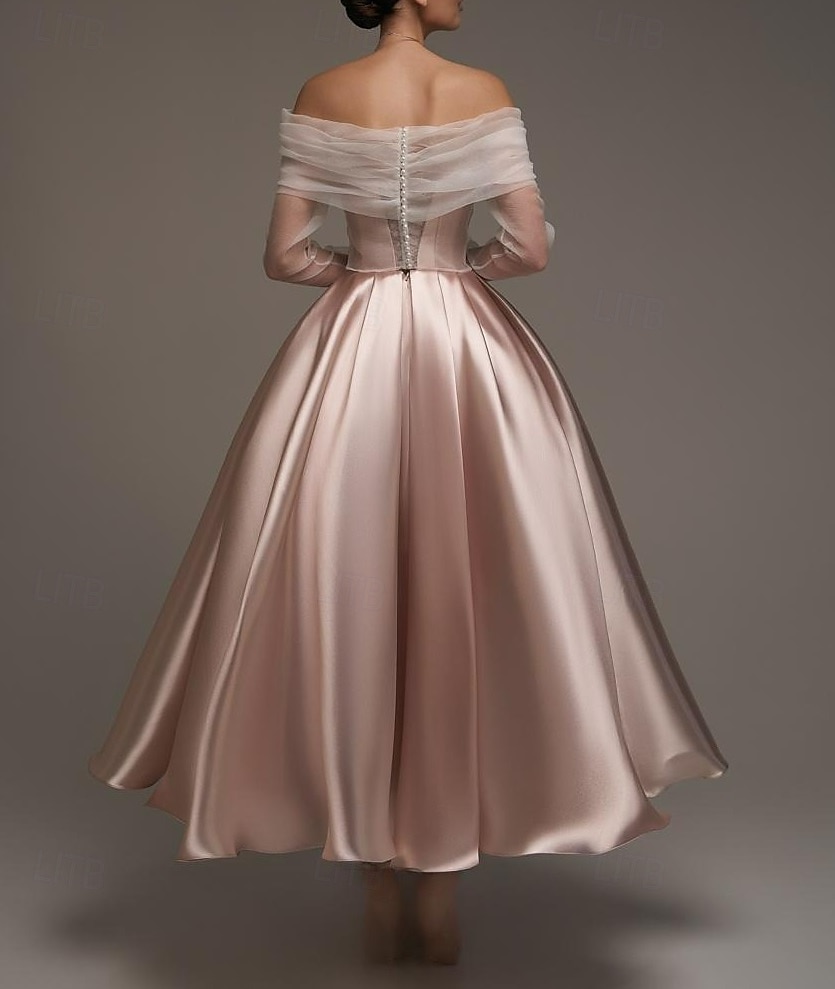 Rosa Ballkleid Satin A-Linien Cocktail Elegante Kleider Formelle Hochzeit Knöchellänge Langarm Schulterfrei Abnehmbar mit Schal 2025 - $137.99 –P3