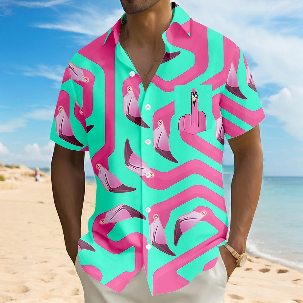 Miesten Flamingo Lintu Hauska Paita Havaiji paita Button Up paita Lyhythihainen Havaijilainen Loma Pyhäpäivä Ranta-asut Kesä Sänkyjen avaus 3D-tulostus Edessä yksi tasku Pellava kuin paita Musta 2025 - $23.99 –P1
