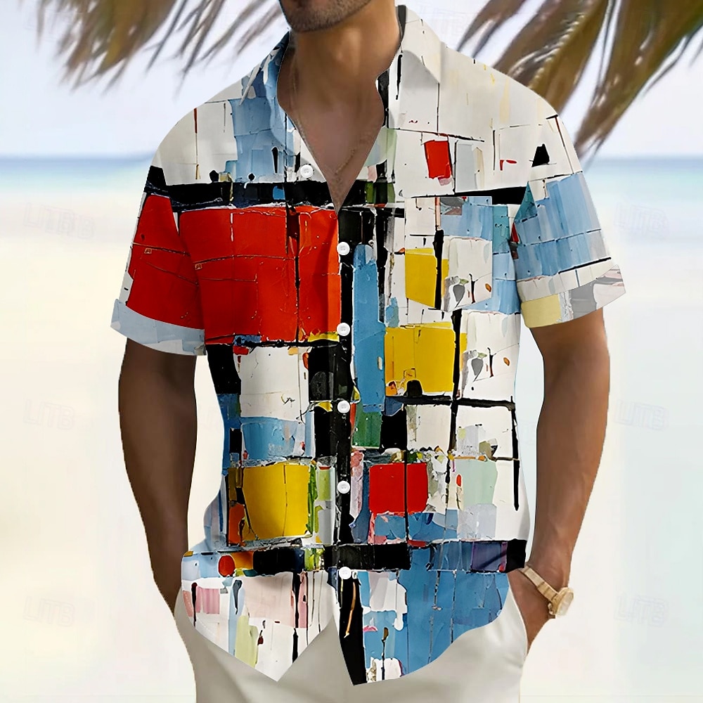Herre Geometrisk Fargeblokk Gitter / Teppe Skjorte Uformell skjorte Skjorte med knapper Kortermet Fashion Casual Gateklær Feriereise Ferie Sommer Aftæpning 3D-utskrift Front One Lomme Lin som skjorte 2026 - $25.99 –P1