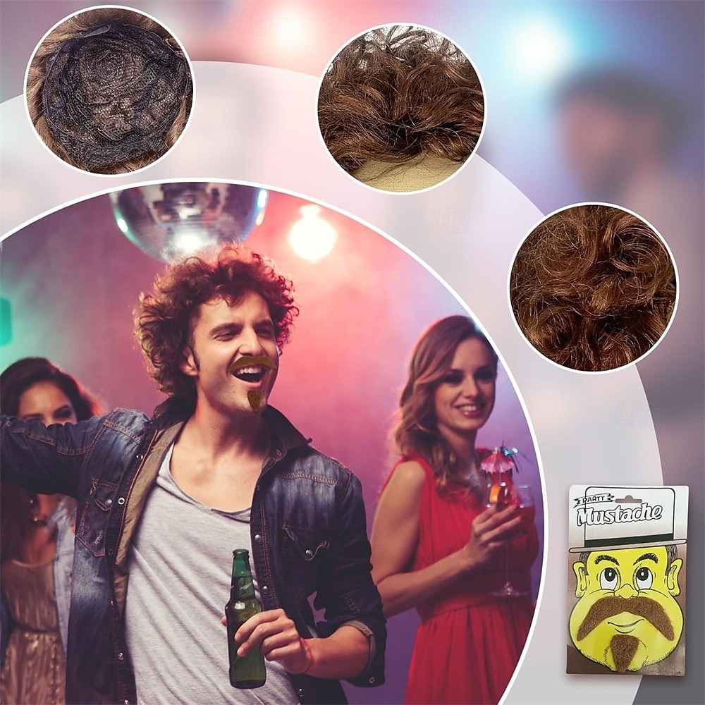parrucca riccia castana - parrucca afro retrò da uomo per feste in maschera anni '60, '70 e '80 del 2025 a $25.99 –P2