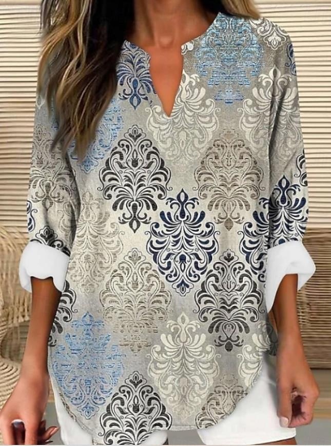 Γυναικείο Τοπ Μπλούζα Λινάρενο Ανάλαφρο Ελαφρύ Τουνίκ V Πλευρό Μακριά Μανίκια Μποχό Καθημερινό Λουλούδι Γραφικό Βιντάζ Τροπικό Κανονικά Τοπ Καθημερινά Ρούχα Διακοπών Τύπωμα Μαύρο Μπλέ Χακί 2026 - $32.99 –P7