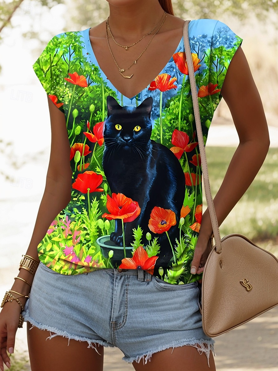 Dame Skjorte Bluse Blomstret Grafisk Katt Aktiv Stilfull Fritid Ermeløs Med stropper Vanlige topper Daglig Trykt mønster Hvit Grønn Sommer Vår 2025 - $17.99 –P1