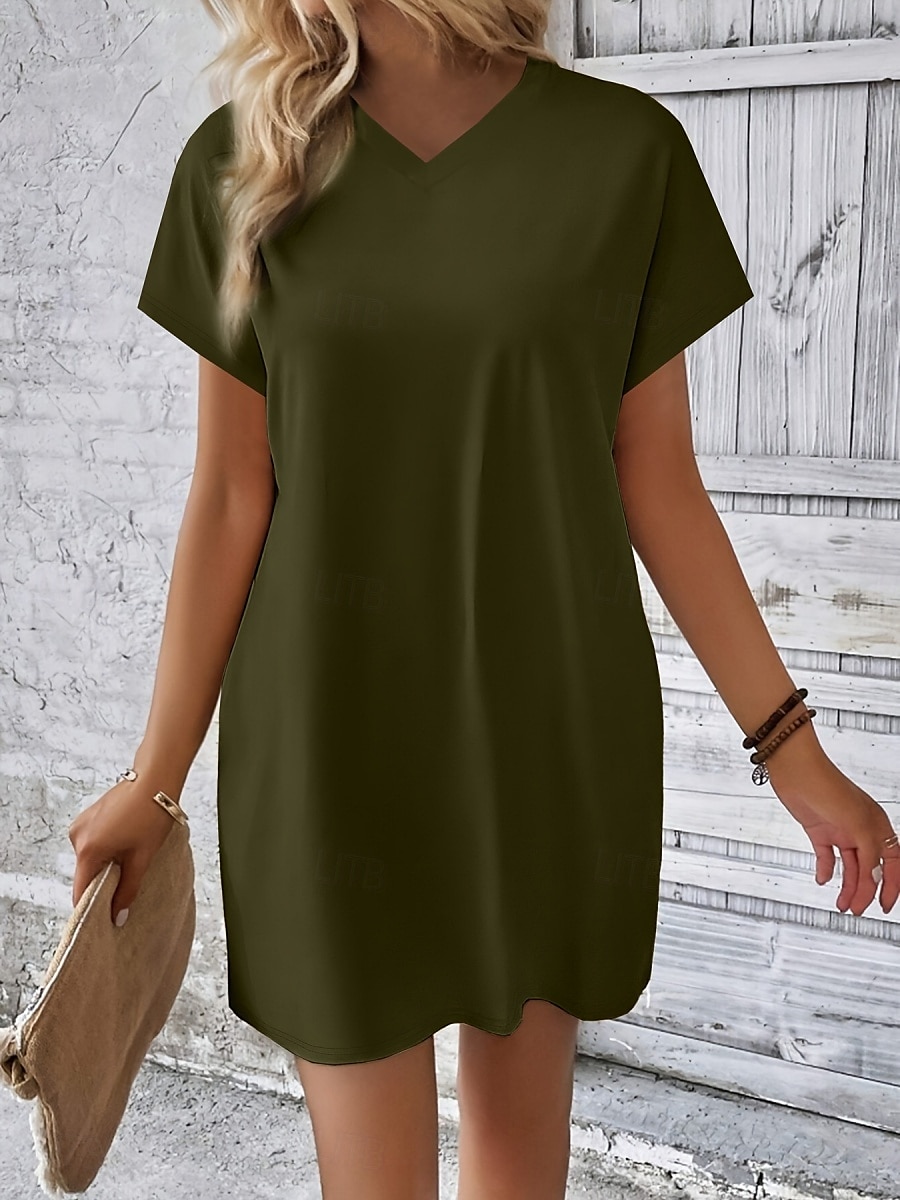 Damen Mini Kleid T-Shirt Kleid Tee Kleid einfarbig Sommer Kleid lässig täglich reguläre Passform Grafik Kurzarm V-Ausschnitt Schwarz Rot Olivgrün Aprikose Sommer 2025 - $19.99 –P11