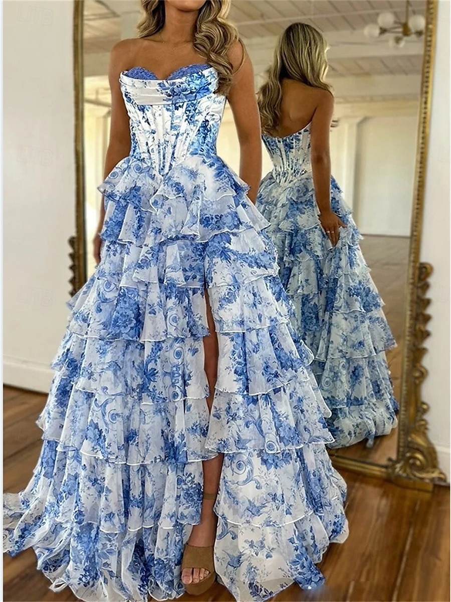 Robe de quinceanera en A robe de corset robe de mariage robe d'invitée longueur de sol sans manches sans bretelles tulle sans dos avec imprimé floral de 2025 ? $189.99 –P3