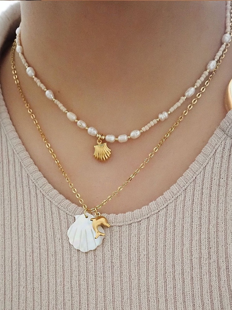 Women's Mother-of-Pearl Seashell Pendant Necklaces – Beach-Inspired Gold Chain Jewelry with Nautical Charms (Starfish, Turtle, Dolphin, Shell) for Summer Travel, Vacations & Gifts 2025 - $11.99 –P2