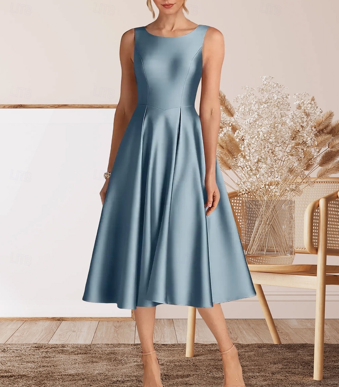 Robe cocktail A-Line élégante robe de retour à la maison cocktail party longueur thé sans manches col rond satin avec plis de 2025 ? $162.99 –P3