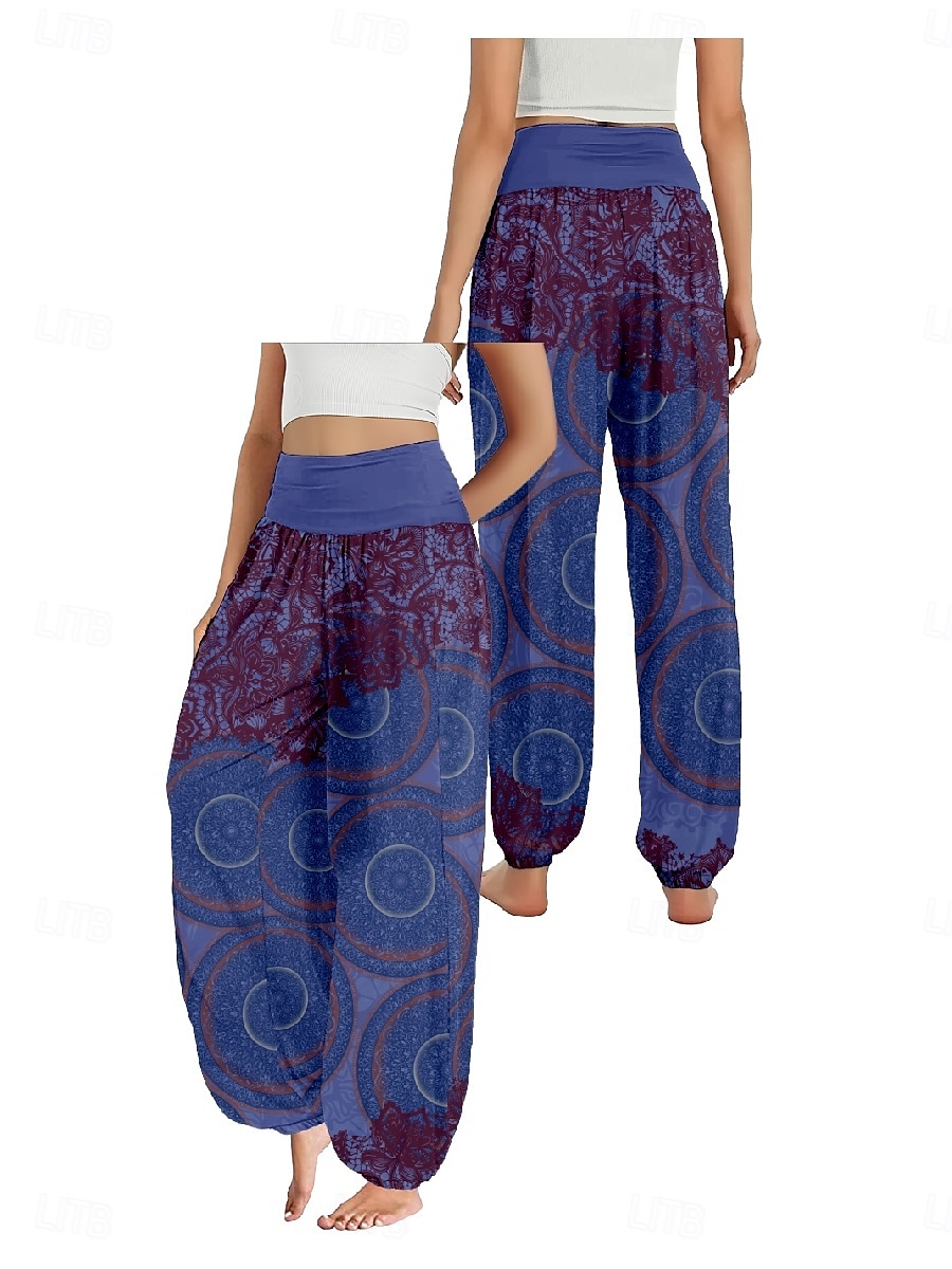 Dam Linneinspirerade byxor Brett skaft Byxor Etnisk Stil Ledigt Boho Fullängd Hög midja Grafiska tryck Ficka Elastisk midja Tryck Mateial som andas Mjuk Microelastisk Utomhus Yoga Svart Blå Purpur 2025 - $21.99 –P6