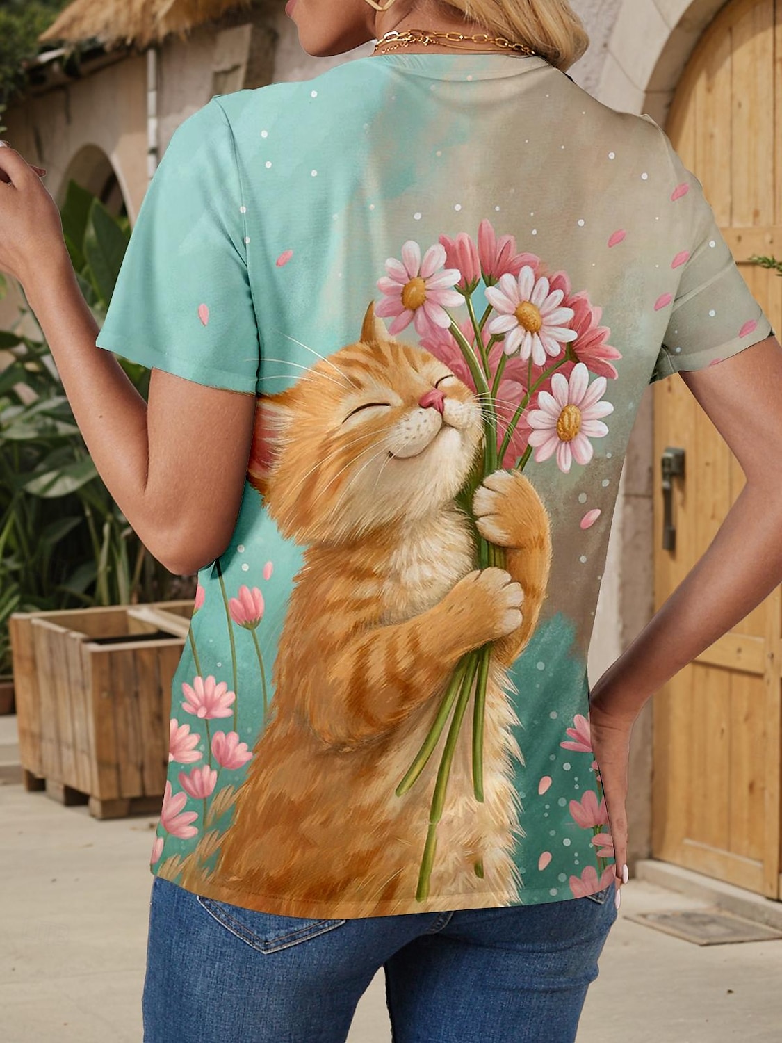Dame T skjorte Grafisk Dyr Katt Stilfull Klassisk Moderne Kortermet Crew-hals Rund hals Vanlige topper Daglig Ut på byen Helg Trykt mønster Oransje Sommer Vår 2025 - $19.99 –P2