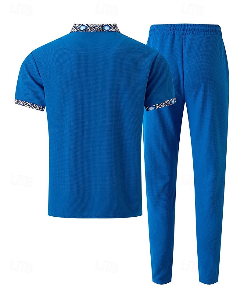 Voor heren Wafel Shirt T-shirt past Shirt- en broeksets 2 stuks outfits Korte mouw Revers Zomer Kleurenblok Modieus Casual Lapwerk 2-stuks Vakantie Alledaagse kleding Uitgaan Zwart Wit Koningsblauw 2025 - $40.99 –P13