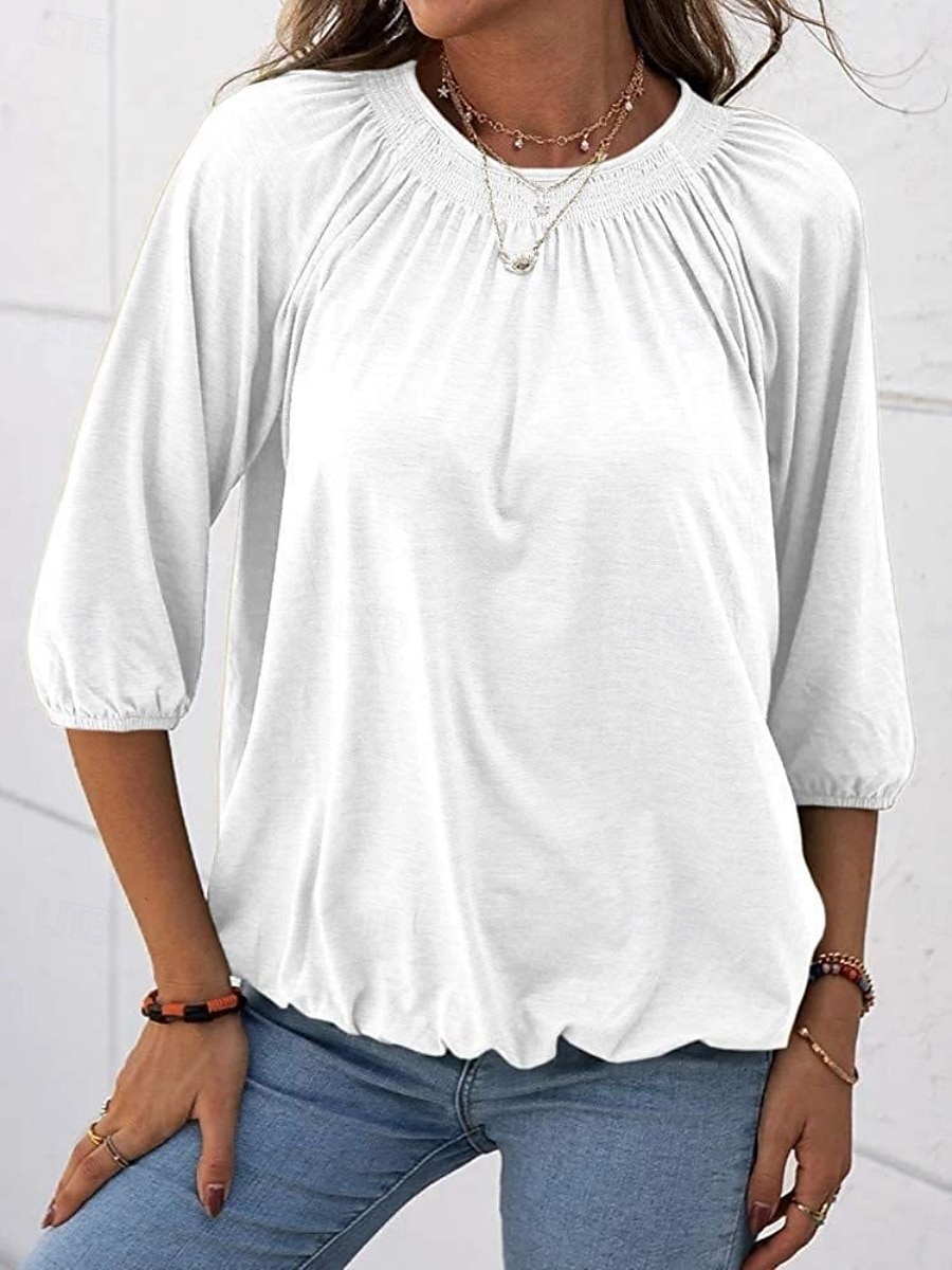 Femmes T-shirt Uni Mode Moderne Manche 3/4 Col ras du cou Hauts Réguliers Quotidien Noir Blanche Rose Claire Vin Vert Véronèse Été de 2025 ? $12.99 –P2