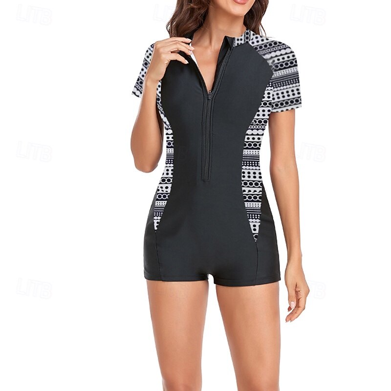 Femmes Maillots de Bain Une Pièce Maillot de bain Zip Up Patchwork Tropical Tenues de plage Fleur Col rond Manches courtes Maillots de bain de 2025 ? $23.99 –P5