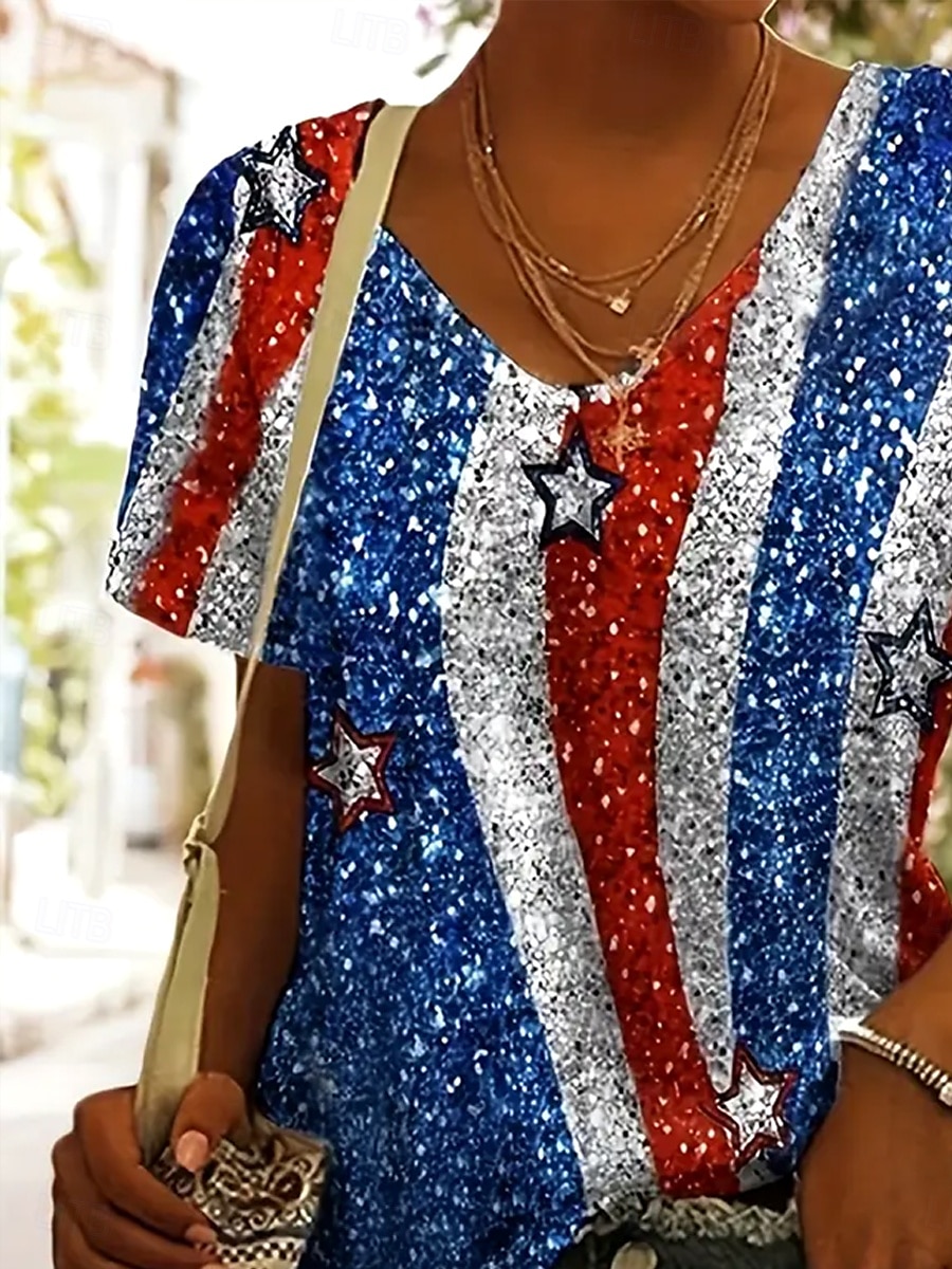 T-Shirt Patriotique Femme Graphique Drapeau Étoile Vintage Élégant Classique Manches Courtes Col Rond Hauts Réguliers Quotidiens Week-end Plage Imprimé Bleu Été Printemps de 2025 ? $19.99 –P2