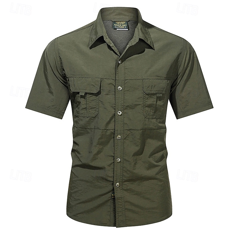 Voor heren Overhemd Zomer overhemd Normaal shirt Overhemd met knopen Cargoshirt Zwart khaki Donker Grijs Leger Groen Korte mouw Effen Overhemdkraag Vakantie Hawaii Zak Kleding 100% katoen Modieus 2025 - $25.99 –P6