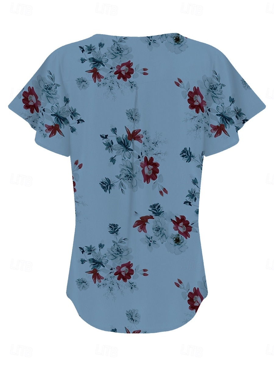 Blouses d'été pour femmes tops floraux stylés décontractés manches courtes col en V tops réguliers quotidien imprimé blanc bleu gris bleu clair été printemps de 2025 ? $15.99 –P6
