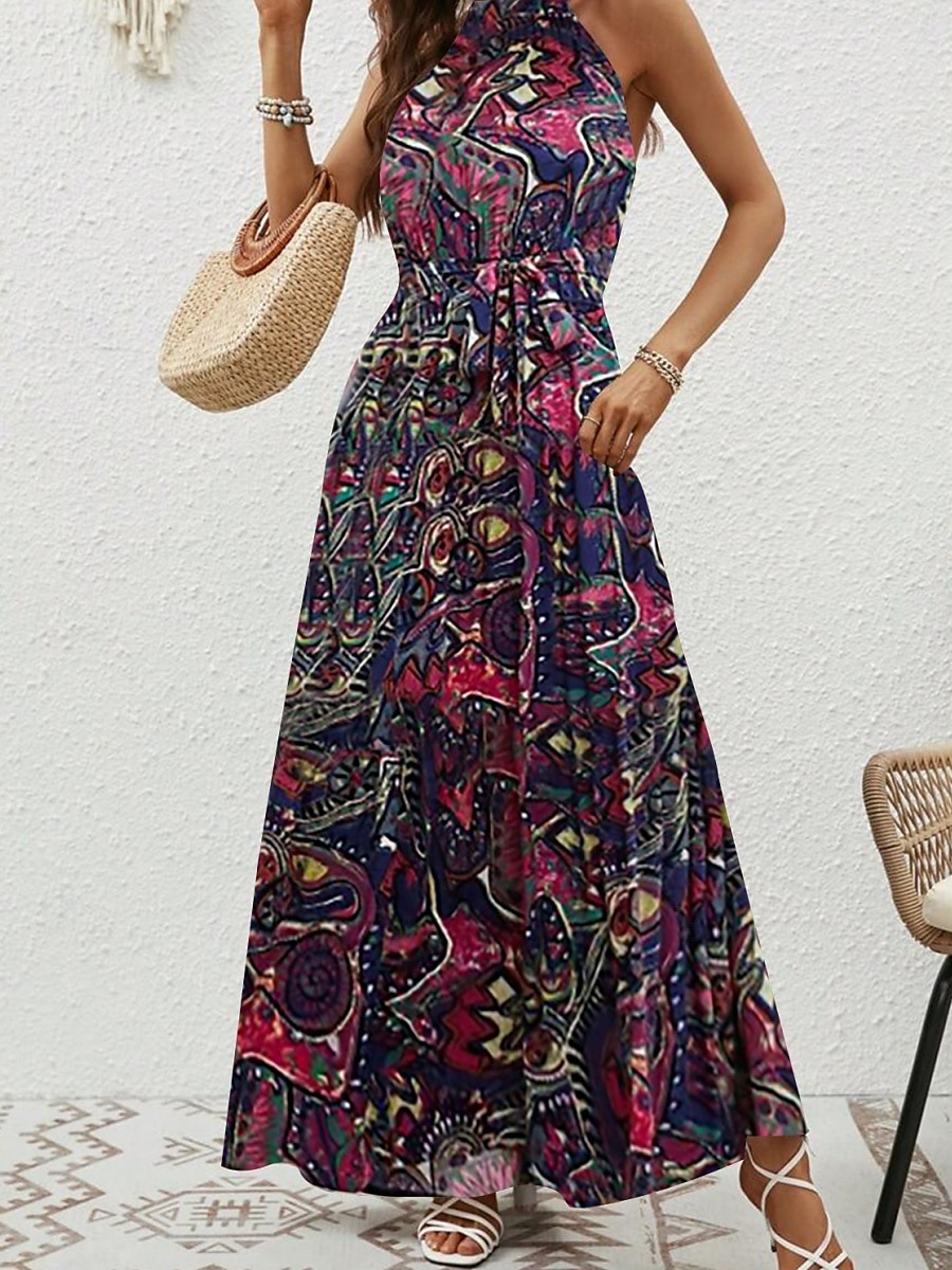 Dam Maxiklänning A linjeklänning Off Shoulder Klänning Semester Ledigt Boho Utomhus Utekväll Normal Grafisk Paisley Ärmlös Halterneck Blå Purpur Brun Aprikos Sommar 2025 - $29.99 –P11