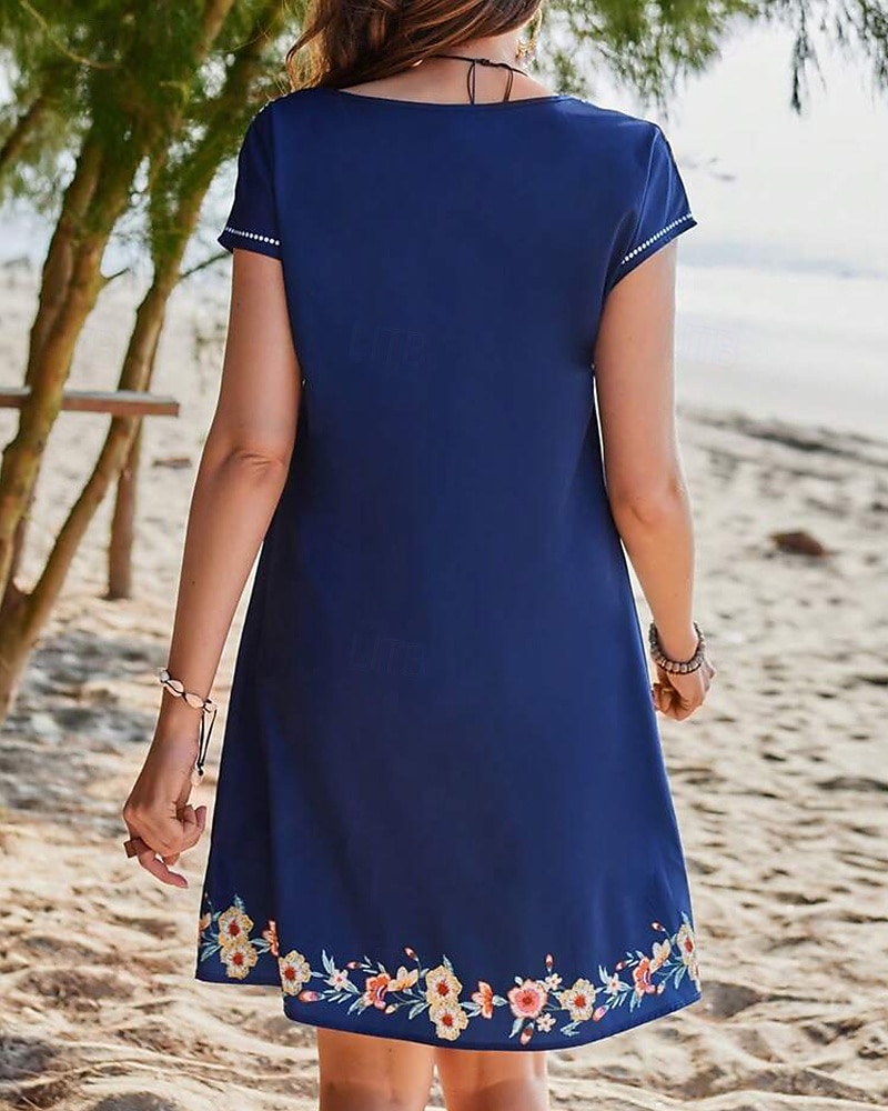 Damen Minikleid Sommerkleid Boho-Kleid Mode Modern Täglich Strand Wochenende Normale Passform Blumen Kurzarm Rundhalsausschnitt Blau Sommer 2025 - $21.99 –P4