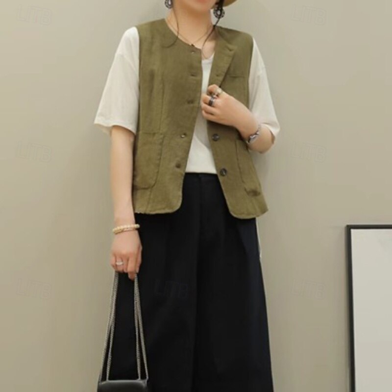 Femmes Chemises inspirées du lin Uni Actif Occasionnel Sans manches Col ras du cou Hauts Réguliers Quotidien Fête Sortir Boutons Avec Poches Noir Vert Abricot Été de 2025 ? $32.99 –P2