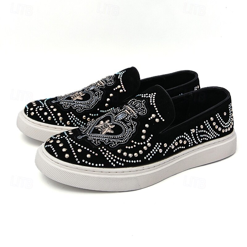 pánské černé slip-on tenisky s cvočky a kamínkovými detaily - módní společenské boty pro taneční akce a speciální příležitosti 2025 - $54.99 –P1