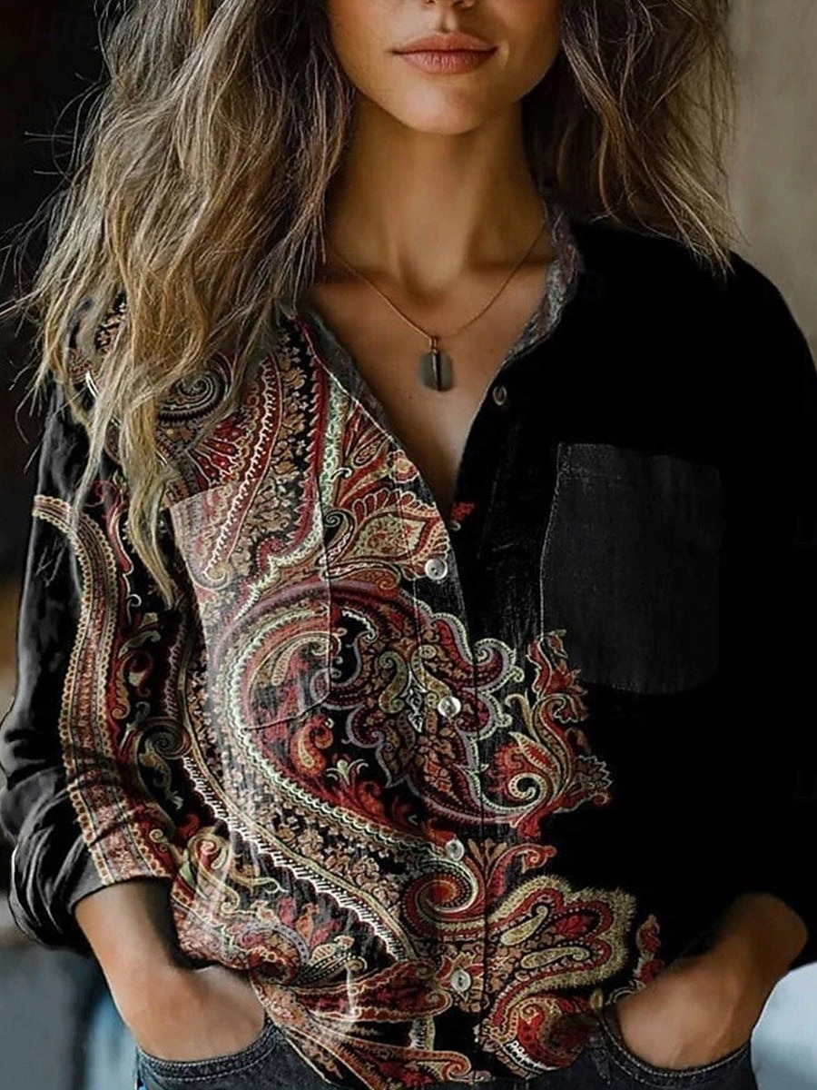 Per donna Camicia Camicia Boho Tasca Bottoni Stampato Floreale Paisley Elegante Moderno Manica Lunga Colletto a Camicia Top Regolari Quotidiano Ferie Blu Marrone rossastro Nero Giallo Vino Estate del 2026 a $27.99 –P5