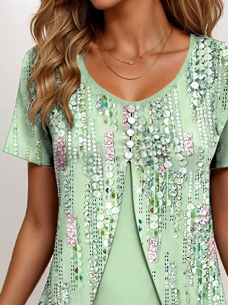 Dame T skjorte Blomstret Grafisk Elegant Årgang Stilfull Kortermet Crew-hals Rund hals Vanlige topper Daglig Ut på byen Lapper Knapper Lag-på-lag Lysegrønn Rosa Lyseblå Sommer Vår 2025 - $23.99 –P2