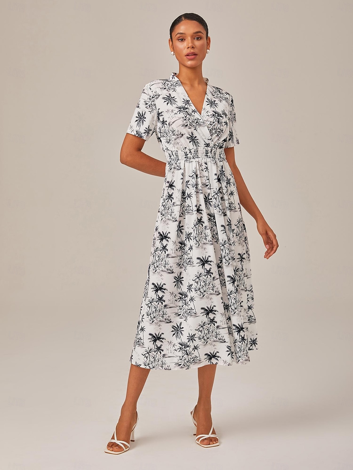 zwart &witte midi-jurk in strandprint in vakantiestijl 2025 - $81.99 –P2