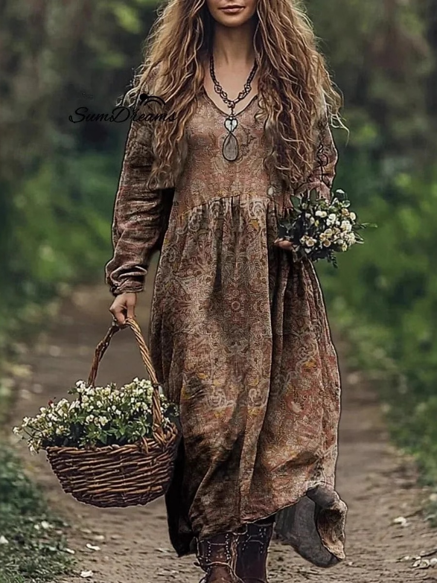 Damskie Długa sukienka sukienka maxi Codzienne sukienki Letnie sukienki Sukienka Boho Plemienny Urlop Codzienny Regularny Kwiaty Długi rękaw W serek Czarny Rumiany róż Burgundowy Niebieski Lato 2025 - $22.99 –P7