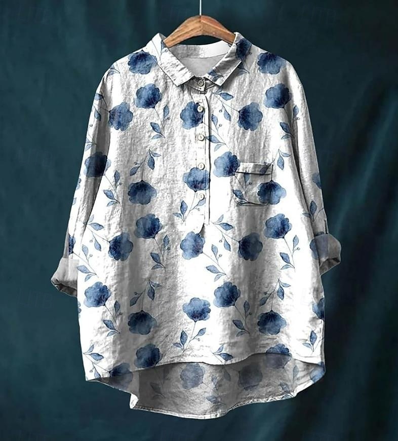 Dame Skjorte Blomstret Elegant Bohem Stilfull Langermet Crew-hals Vanlige topper Daglig Ferie Strand Klær Knapper Trykt mønster Blå Fuksia Grønn Beige Lyseblå Sommer Vår 2025 - $25.99 –P5
