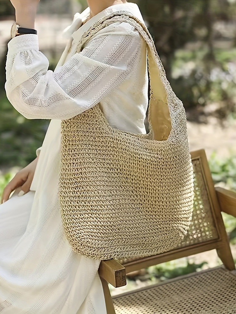 dames handgemaakte geweven stro schoudertas - grote boho strandtas voor zomerreizen, vakantie en casual outfits bruin beige 2025 - $19.99 –P4