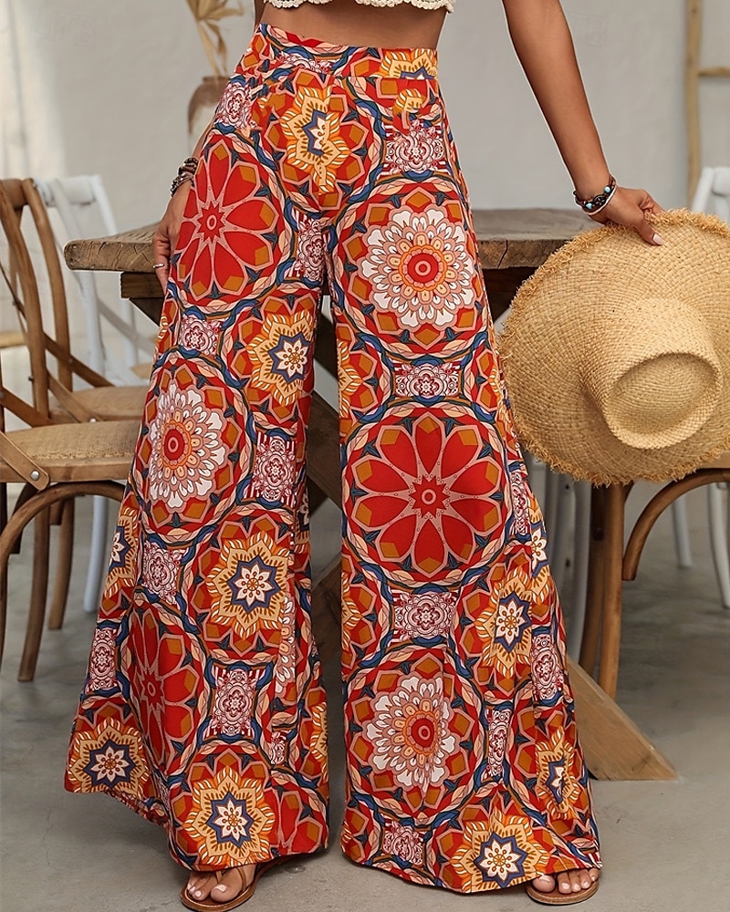 Mulheres Perna larga Calça larga Calças Férias Boho Comprimento total Cintura Alta Flor Cintura elástica Respirável Confortável Micro-Elástica Rua Roupa Diária Para Noite Laranja Verão Normal de 2025 por $19.99 –P3