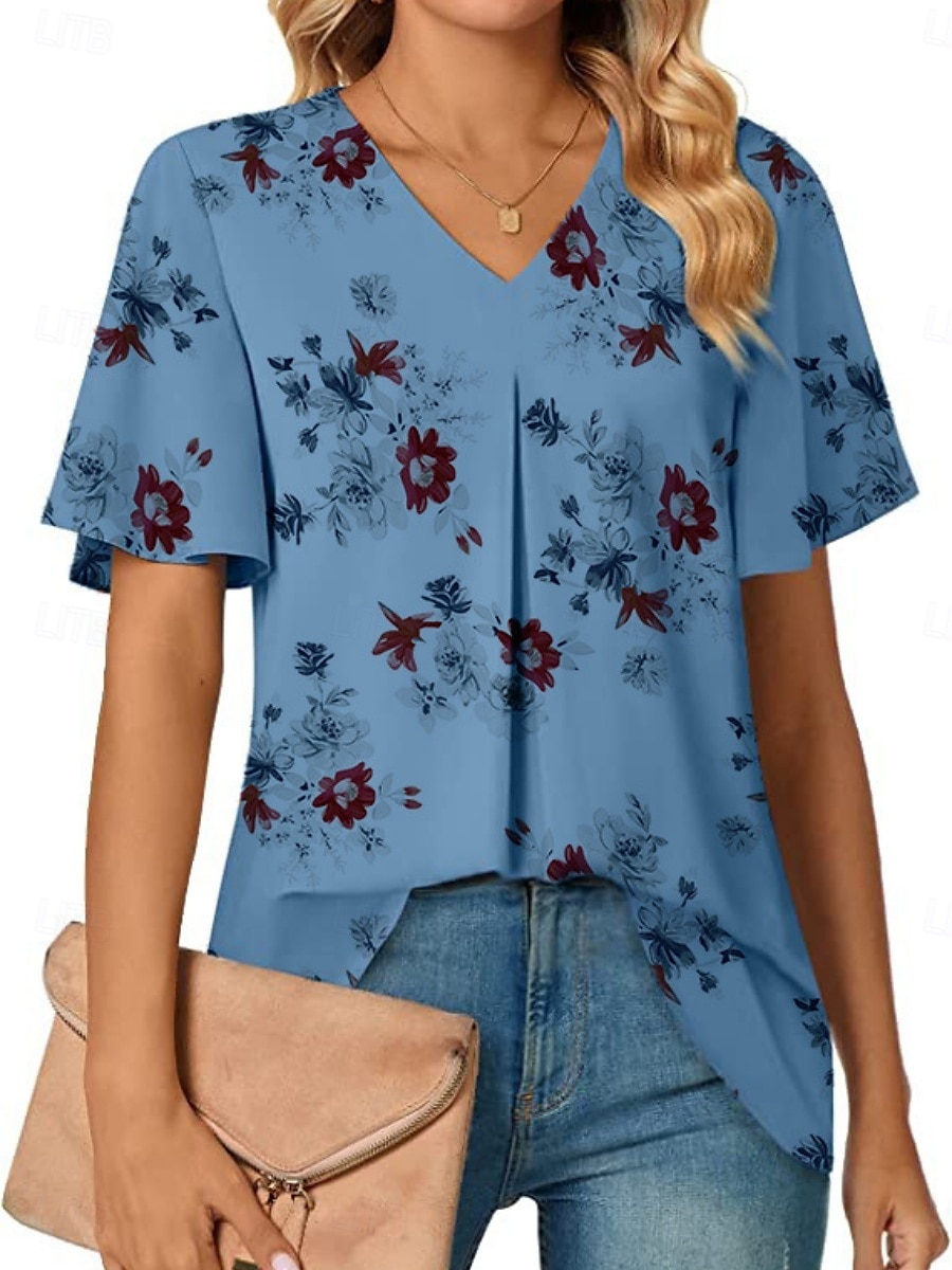 Blouses d'été pour femmes tops floraux stylés décontractés manches courtes col en V tops réguliers quotidien imprimé blanc bleu gris bleu clair été printemps de 2025 ? $15.99 –P5