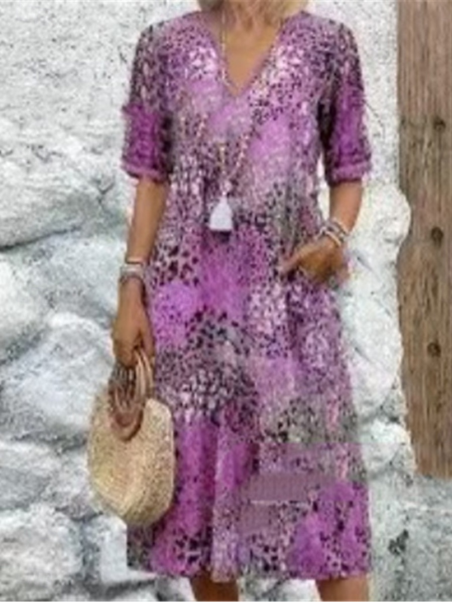 Femmes Robe Midi Robe trapèze Robe d'été Occasionnel Quotidien Coupe régulière Graphique Léopard Demi Manches Col en V Rouge Bleu Violet Fuchsia Été de 2025 ? $26.99 –P6