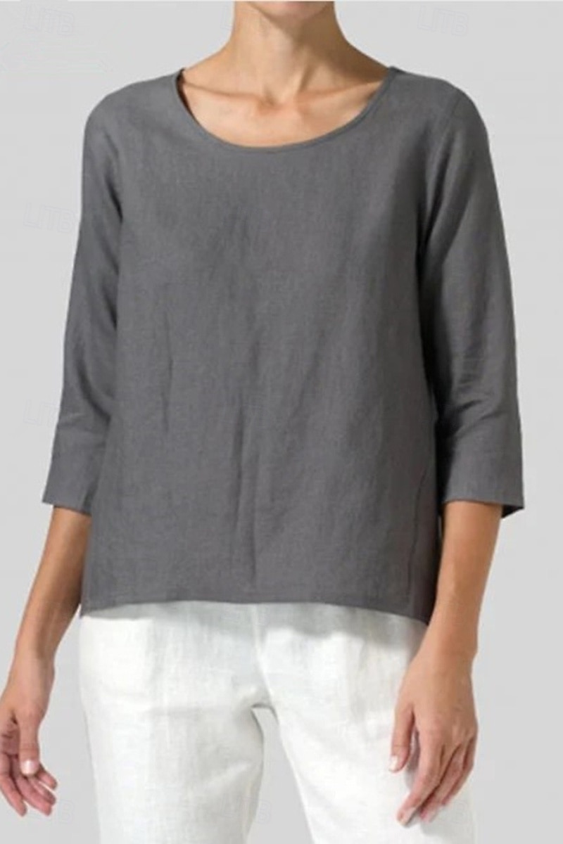 Femmes Chemisier Chemises en coton et lin Uni Basique Occasionnel Manche 3/4 Col ras du cou Hauts Réguliers Quotidien Fête Sortir Noir Blanche Rose Claire Vert Véronèse Gris Été de 2025 ? $22.99 –P5