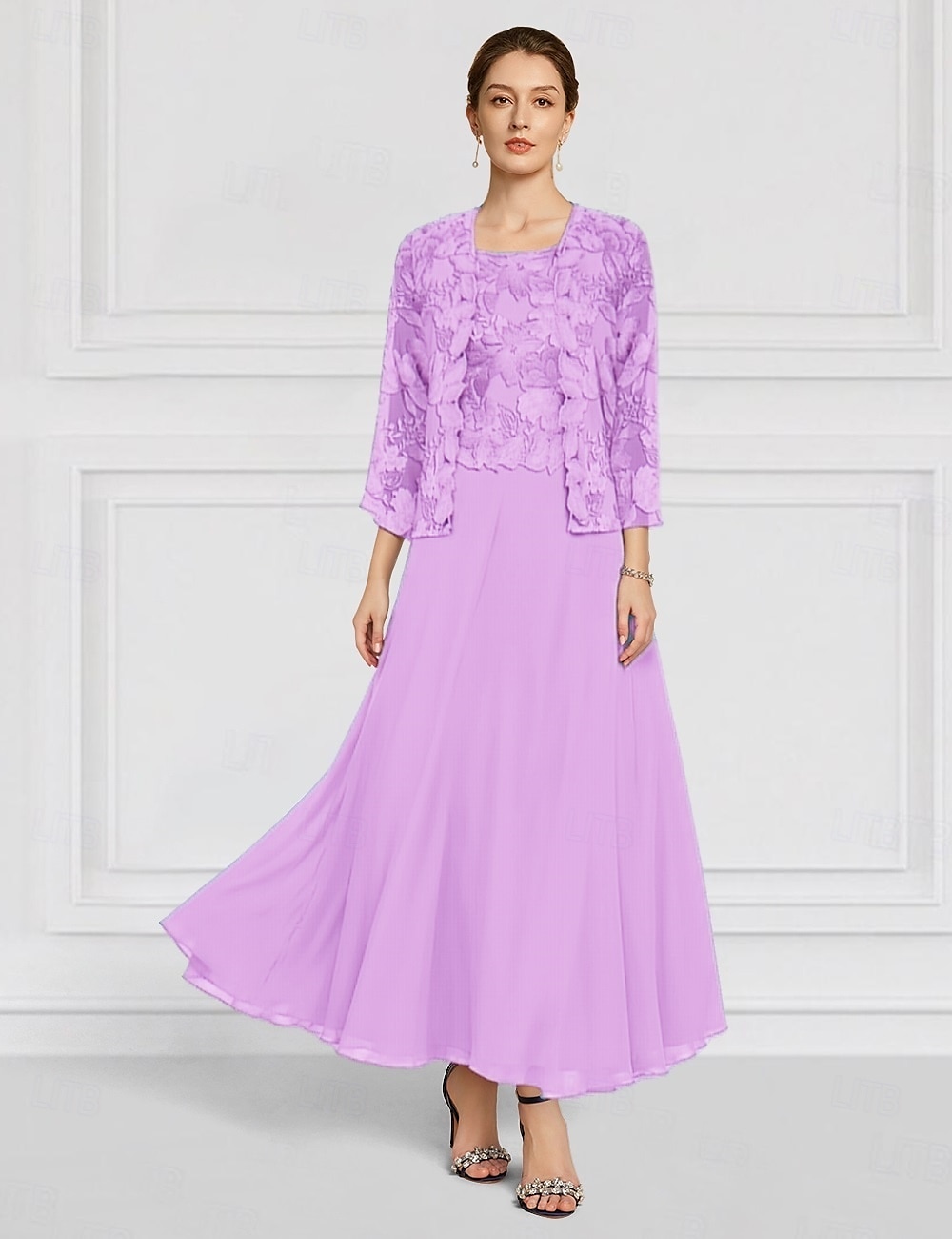 Set di Abiti Floreali Due Pezzi Madre della Sposa Elegante Collo a Giro Lunghezza Caviglia Chiffon Maniche Lunghe con Ricamo in Pizzo del 2025 a $158.99 –P8