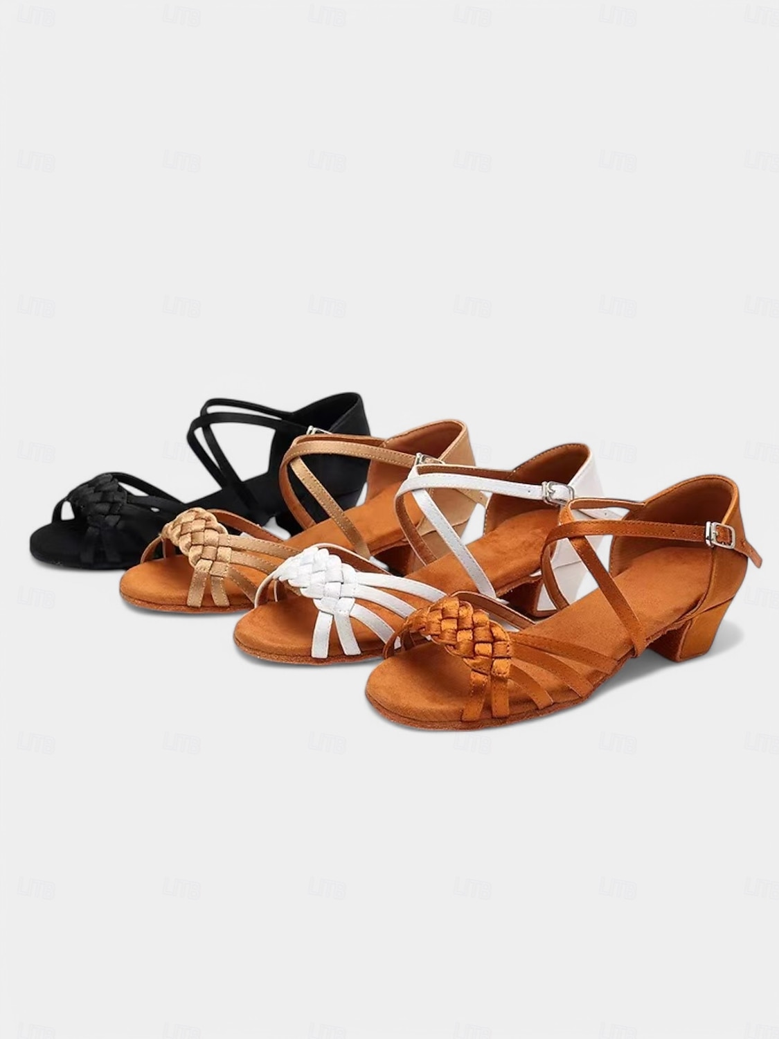 Sapatos de dança latina femininos bege com detalhe de tira trançada, design de salto baixo para apresentações de dança latina infantil de 2025 por $34.99 –P1