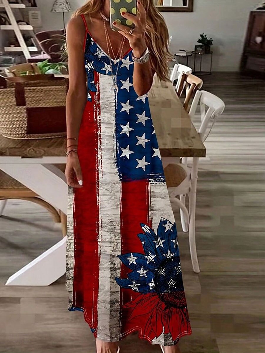 Abito patriottico da donna abito maxi abito estivo abito a linea abito scivolato vacanza casual per uscire in spiaggia vestibilità regolare grafica bandiera nazionale senza maniche scollo a V rosso del 2025 a $27.99 –P1