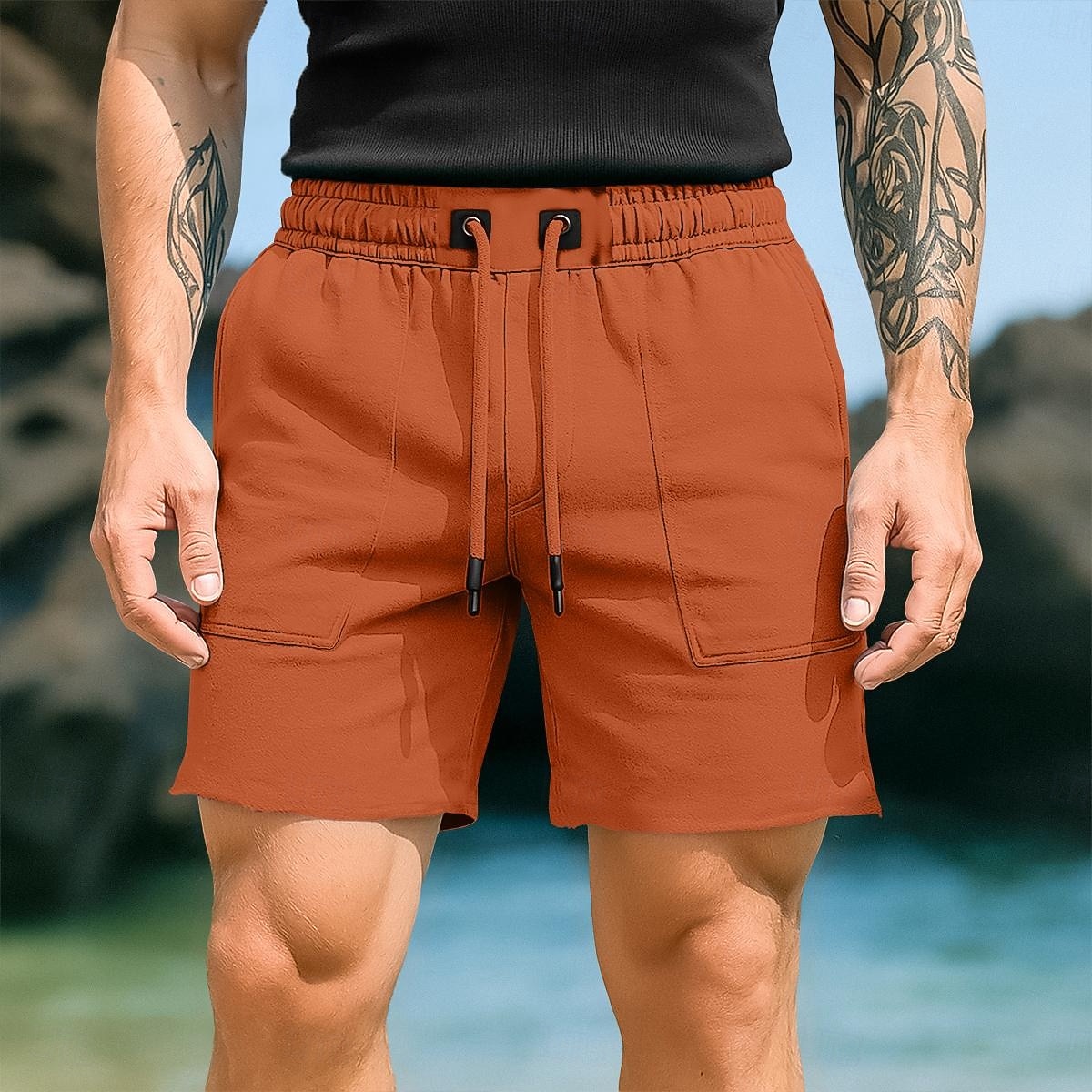 Herr Svett shorts Shorts Bermudashorts Beach Shorts Snörning Elastisk midja Slät Komfort Sport Knelängd Utomhus Ledigt Dagligen Semester Mode Svart Orange Microelastisk 2026 - $24.99 –P4