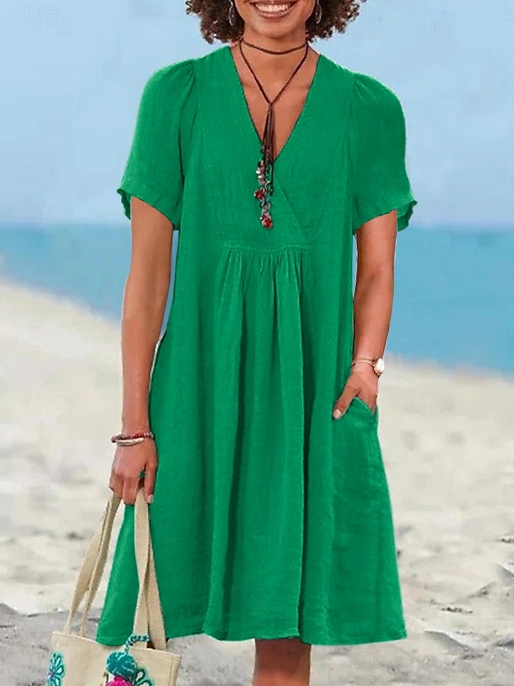 Per donna Mini Abito Abiti ispirati al lino Abito a trapezio Casual Spiaggia Quotidiano Vestibilità regolare Semplice Manica Corta Scollo a V Verde chiaro Blu reale Viola Arancione Estate del 2025 a $28.99 –P7