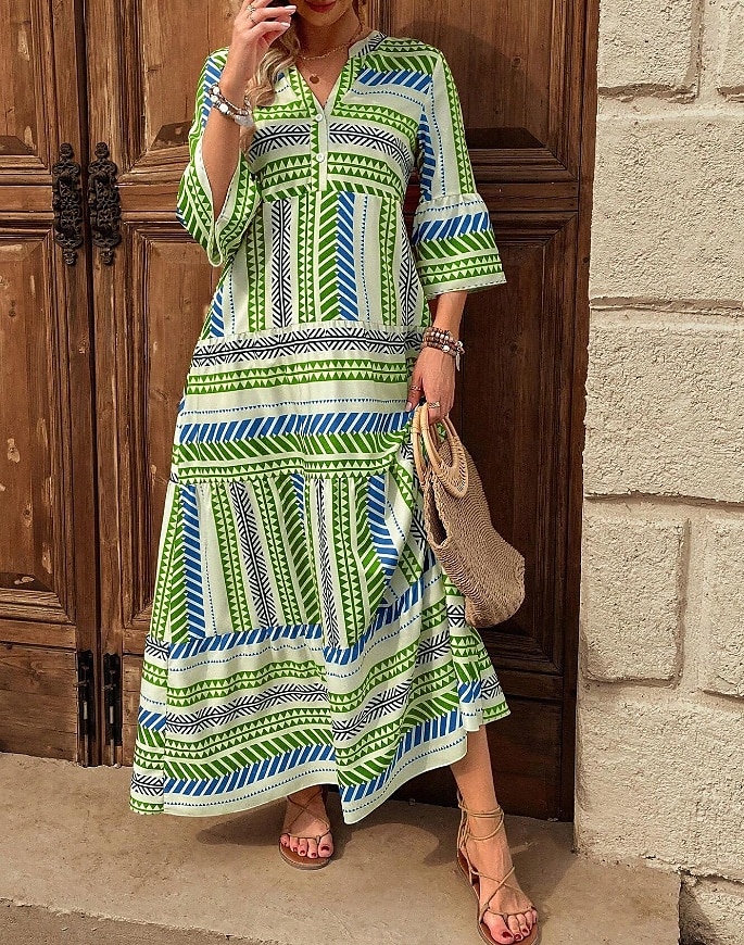 Dame Maxikjole Solkjole Kjole med A-linje Fit And Flare Dress Ferie Fritid Bohem utendørs Fest Ut på byen Normal Grafisk Geometrisk Stamme Ermeløs V-hals Rød Blå Grønn Sommer Vår 2025 - $36.99 –P5