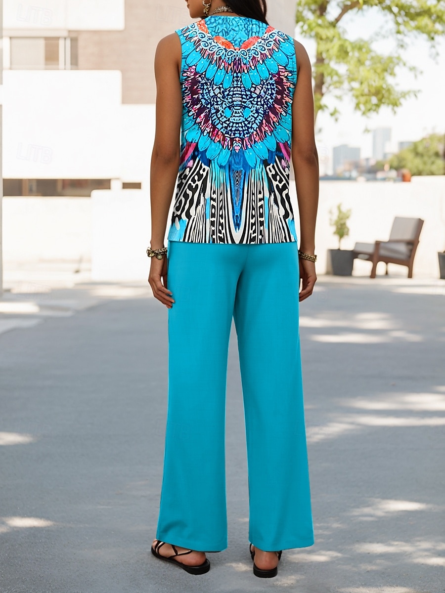 Damen Hosen-Sets Urlaub täglich ärmellos Rundhals U-Ausschnitt grafische geometrische lässig täglich Blau Lila Orange Sommer lockere Passform 2025 - $34.99 –P2