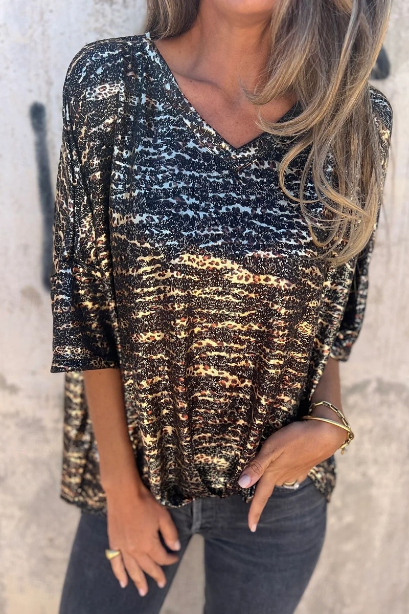 Dámské Halenka Leopard Moderní Poloviční rukáv Do V Běžné topy Denní Dovolená Jdeme ven Tisk Stříbrná Černá Léto 2025 - $19.99 –P1