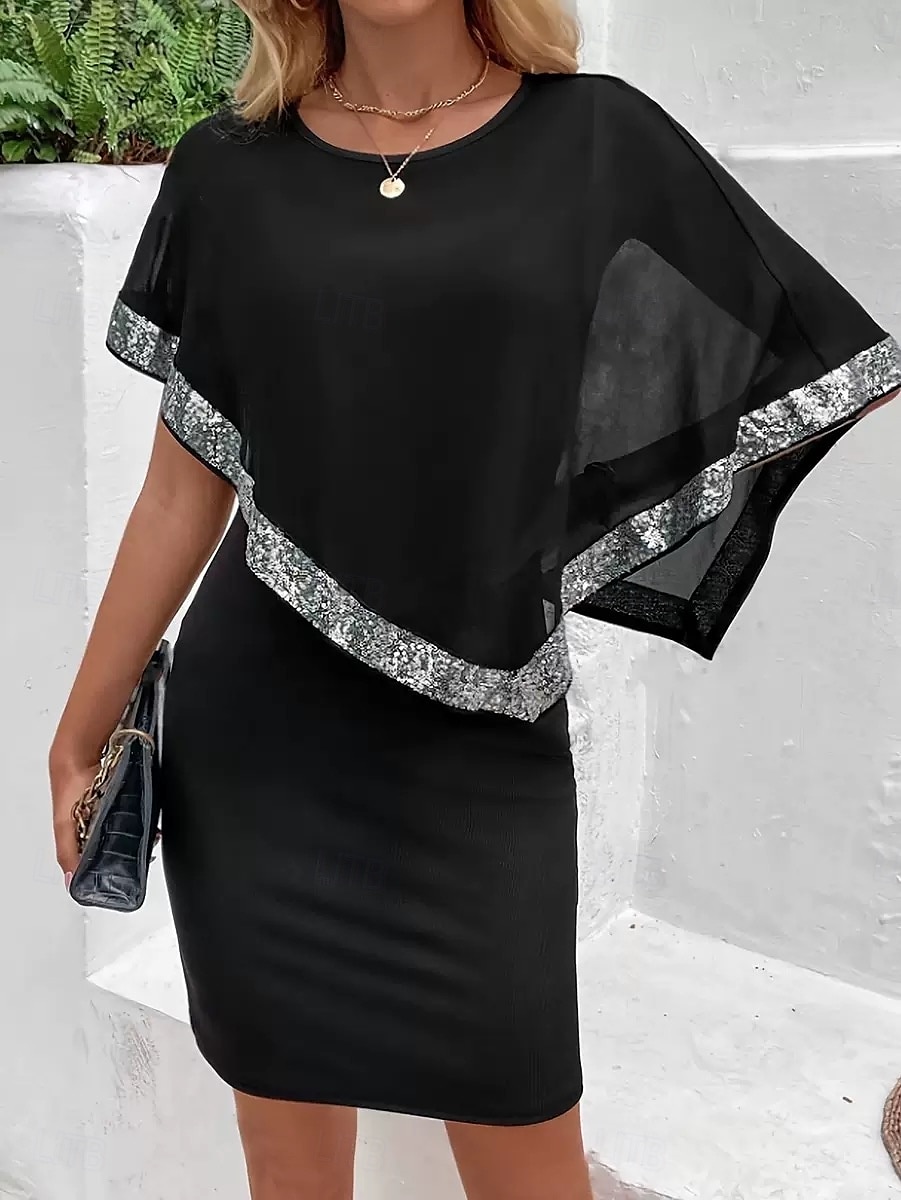 Robe Mère de la Mariée Sirène  Trompette Élégante Vintage Simple Col Rond Longueur Thé Chiffon Manches Courtes avec Sequins Robe Midi 2025 de 2025 ? $132.99 –P5