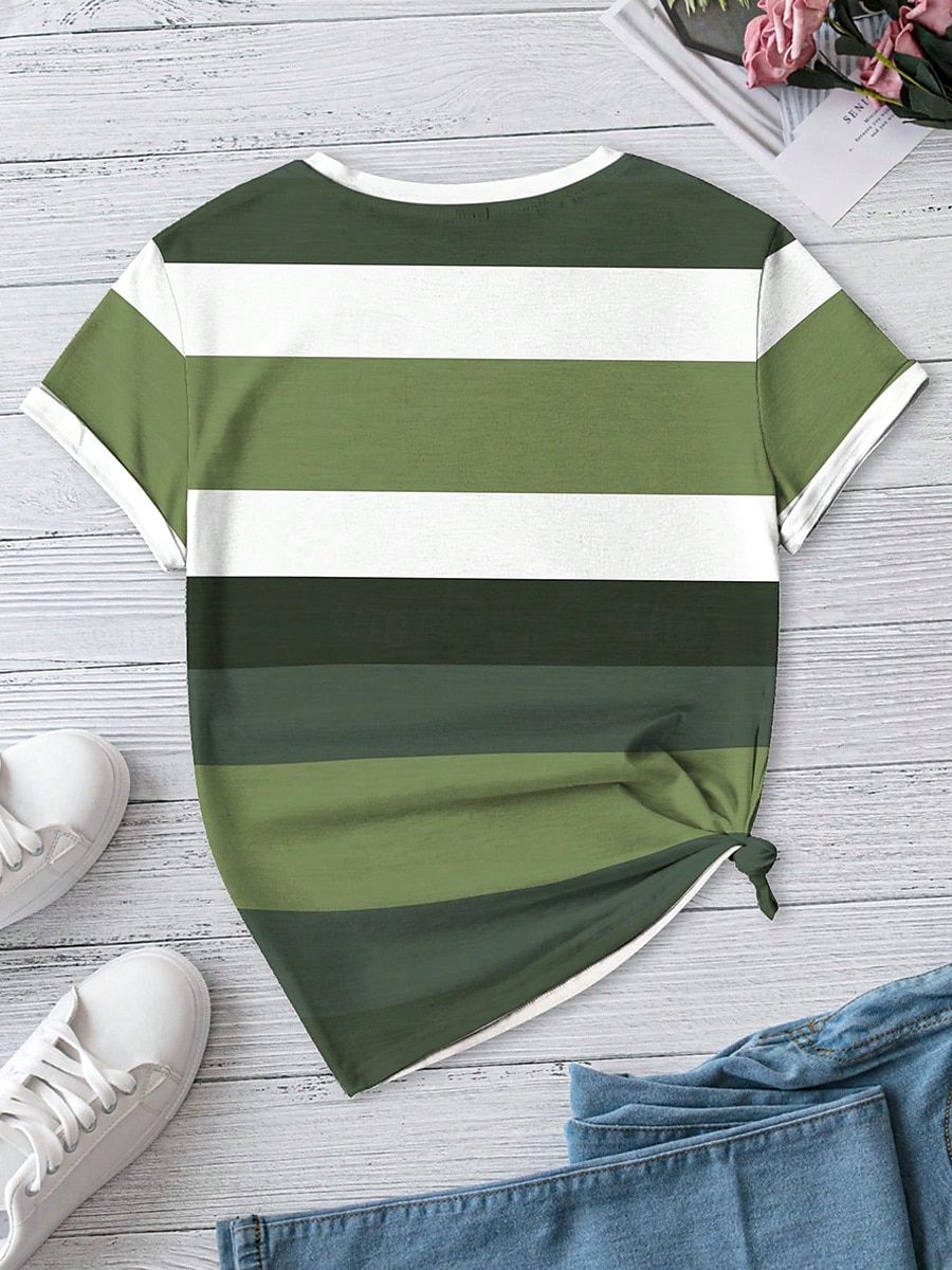 Damen T Shirt Druck Grafik Geometrisch Gestreift Vintage Stilvoll Klassisch Kurzarm Rundhalsausschnitt Rundhals Normale Oberteile Täglich Gras-Grün Khaki Sommer Frühling 2026 - $22.99 –P7