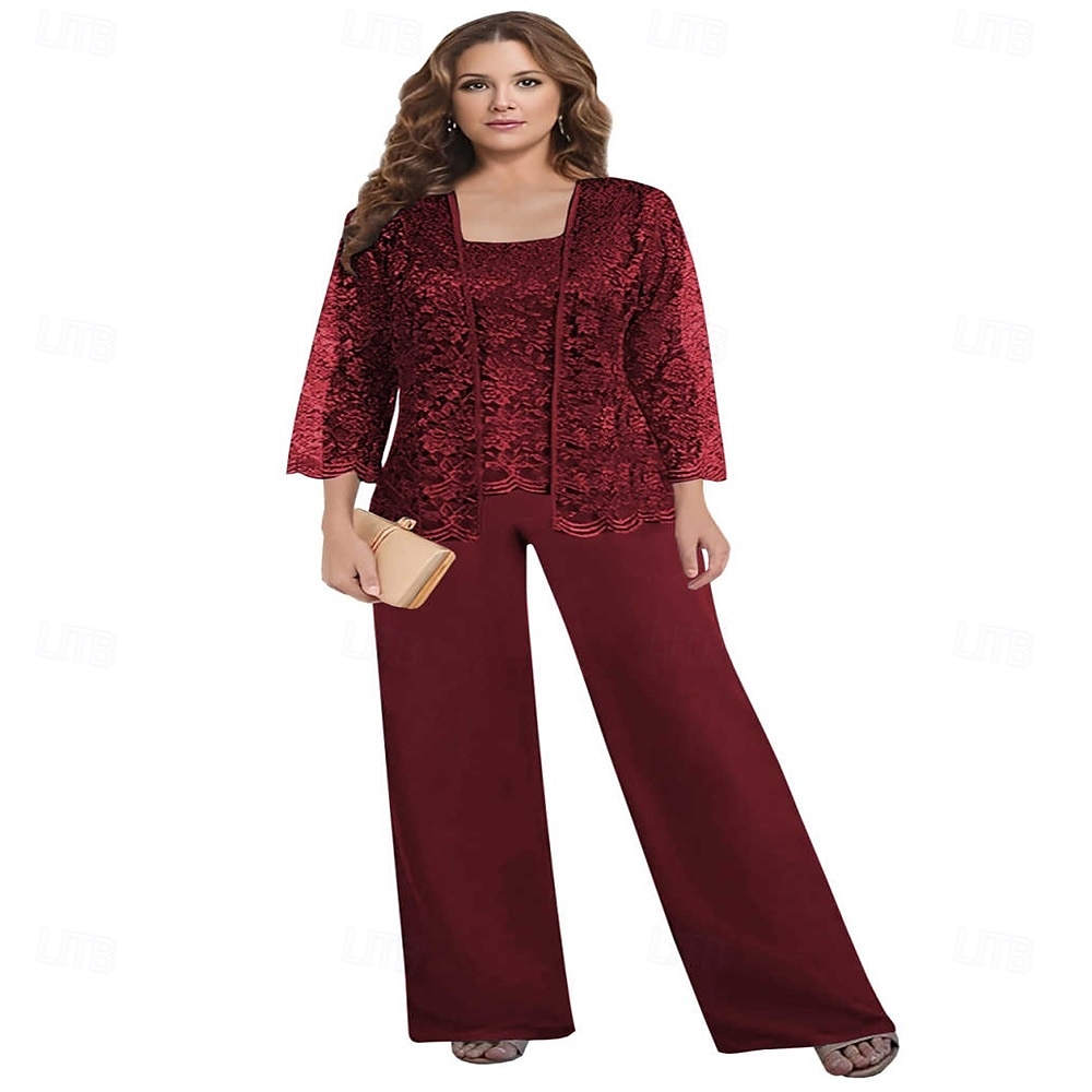 Hosenanzug Brautmutter Kleid Hochzeitsgast Elegantes Quadrat-Ausschnitt Bodenlang Polyester Spitze Lange Ärmel mit einfarbigem Material 2025 - $101.99 –P11