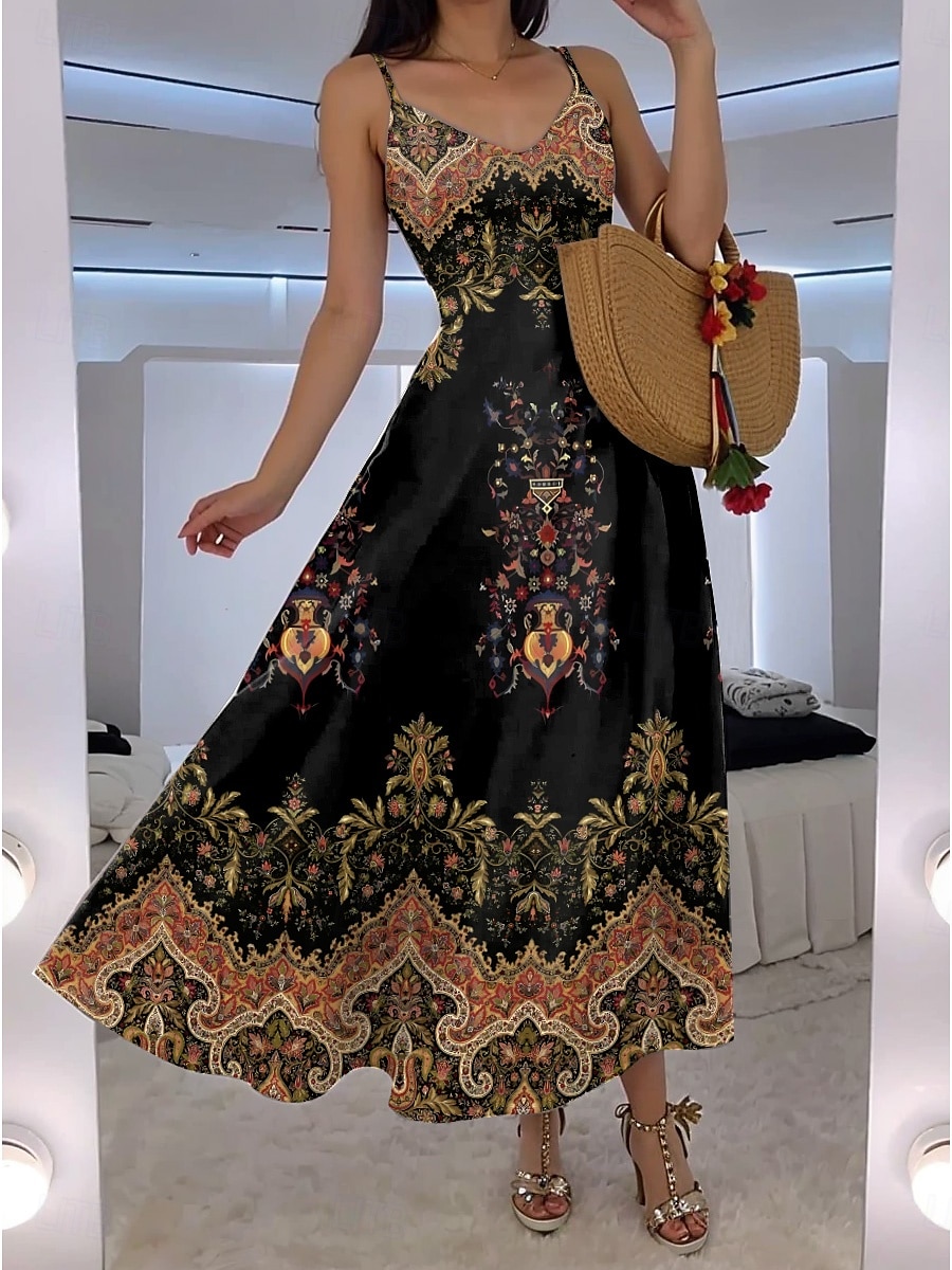 Women's Maxi Dress A Line Dress Slip Dress Vacation Casual Boho Going out Beach Regular Fit Floral Graphic Paisley Sleeveless V Neck Black Red Blue Purple Summer Spring 2025 - $34.99 –P1
